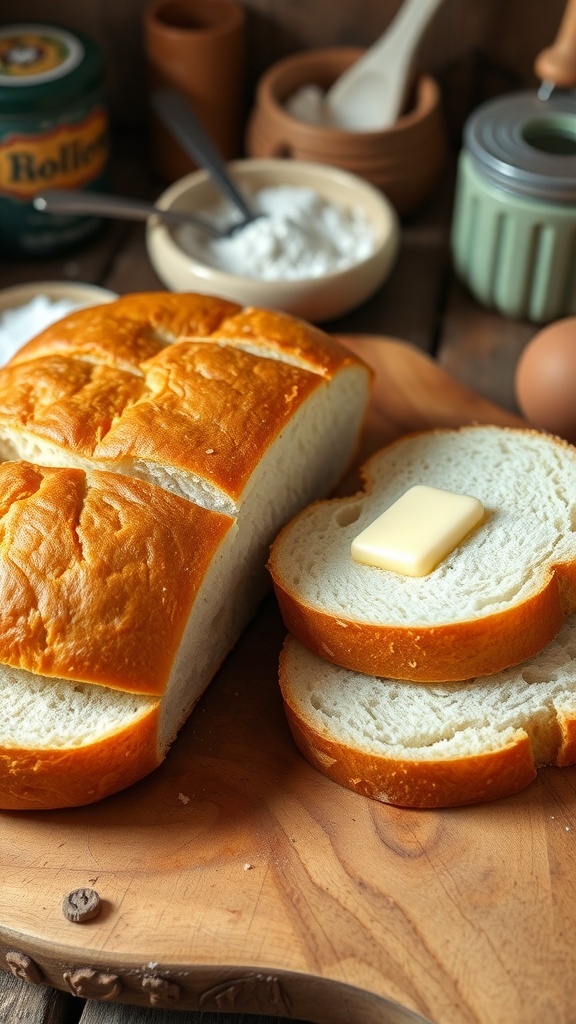 Homemade Yeast Sandwich Bread Recipe A golden-brown homemade sandwich bread loaf, sliced to show fluffy texture, on a wooden cutting board with butter.